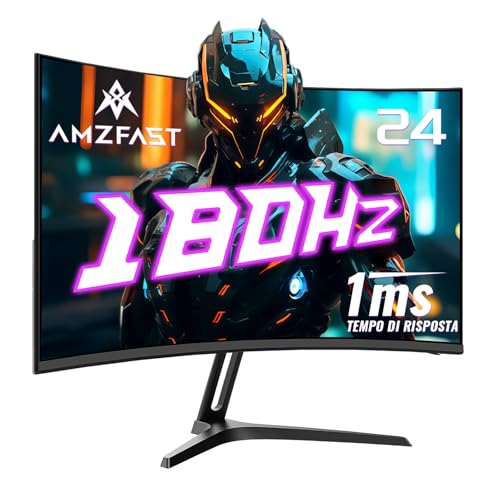 Amzfast Monitor PC Gamer Curvo 24 Pollici - 180Hz, Full HD 1920x1080, 1ms MPRT, Adaptive Sync, sRGB 130% / DCI-P3 97%, HDMI 1.4 + DP 1.2, Anti-Luce Azzurra, VESA 75x75, Supporto Metallico, AMZG24C1