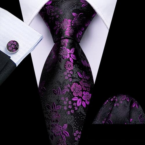 Image of Barry.Wang Flower Ties for Men Handkerchief Cufflinks Set Wedding Necktie Set Party
