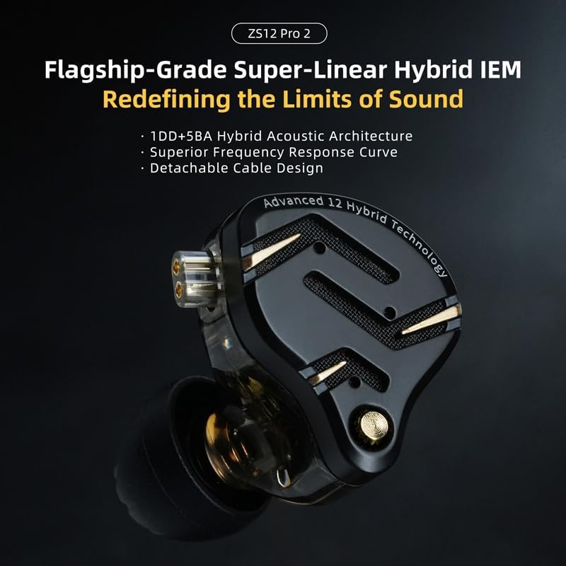 Miniatura 2 de KZ ZS12 PRO Auriculares con monitor de oído de 2 pulgadas, 5BA+1DD 6 auriculares híbridos para juegos con cable, sonido de claridad de alta