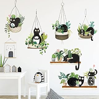 Green Potted Plant Cactus Wall Decal Cute Black Cat Stickers, Creative Tropical Bonsai Flower Cactus Wallpaper, Removable Animal Art Mural for Bedroom Kitchen Nursery Home Decoration (B)