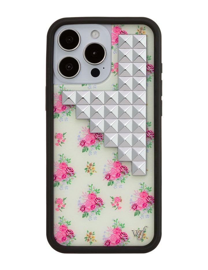 Image of Wildflower Cases - Compatible with iPhone 16 Pro Max | Protective Black Bumper, 4ft Drop Test Certified, Women Owned Small Business | Trendy Original Silver | Stud Pyramid Collection - Vintage Floral