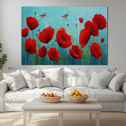 Impression sur toile coquelicots turquoise avec grand cadre en bois
