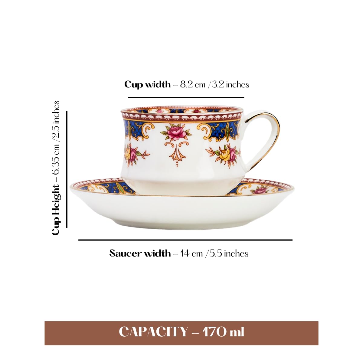 GOLDEN QUEEN'S Cup & Saucer Set | Perfect for Hosting & for Tea/Coffee Lovers | Handcrafted in India, Inspired by Florals & 24-Carat Gold Rim | 6 Cups & 6 Saucers |170 ml (Blush & Blue Cascade) 2