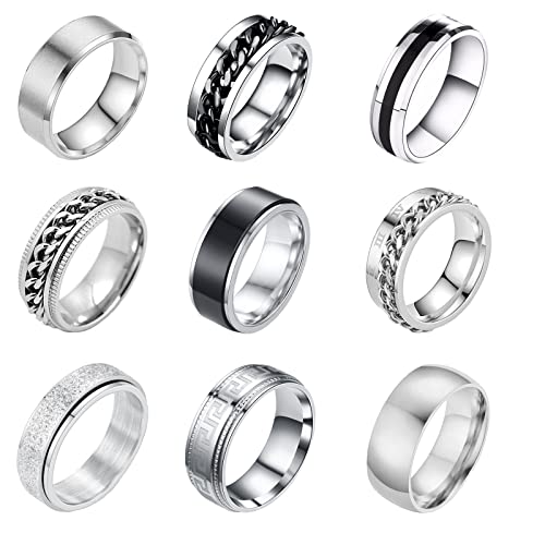 9 Stück Ringe Herren Silber Edelstahl Ring Set für Männer Bandringe Ketten Ringe Ehering Verlobung Versprechen Vintage Edelstahl Ring Spinner Fidget Antistress Ring Drehbar Damen Flaschenöffner Ringe Cover
