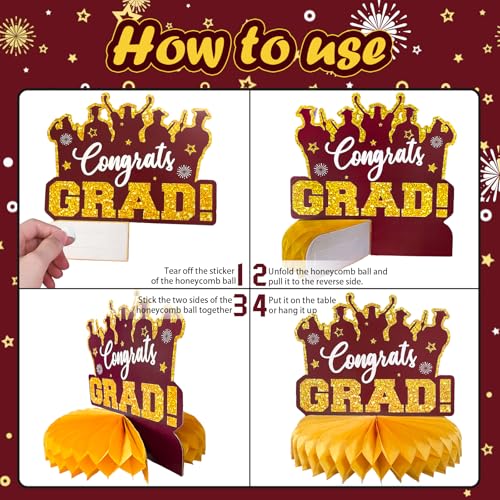 Image of 2026 Graduation Party Decorations - 8 Pcs Maroon Gold Class of 2026 Graduation Party Table Decor Honeycomb Centerpieces for Tables Congratulate for 2026 Congrats Grad Party Supplies
