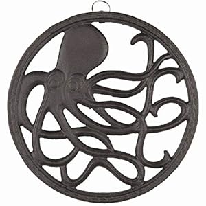 GASARÉ, Cast Iron Trivet for Hot Dishes, Pots, and Pans, Metal Trivet, Octopus Design, Rubber Feet Caps, Ring Hanger, 8 Inches, Brown, 1 Unit GASARE Cast Iron Trivet for Hot Dishes Pots and Pans Metal Trivet Octopus Design Rubber Feet Caps Ring Hanger 8 Inches Brown 1 Unit