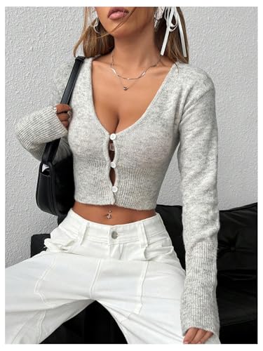 SHENHE Women's Cropped Cardigan Button Up Deep V Neck Y2k Fitted Soft Knit Sweater Cardigan3