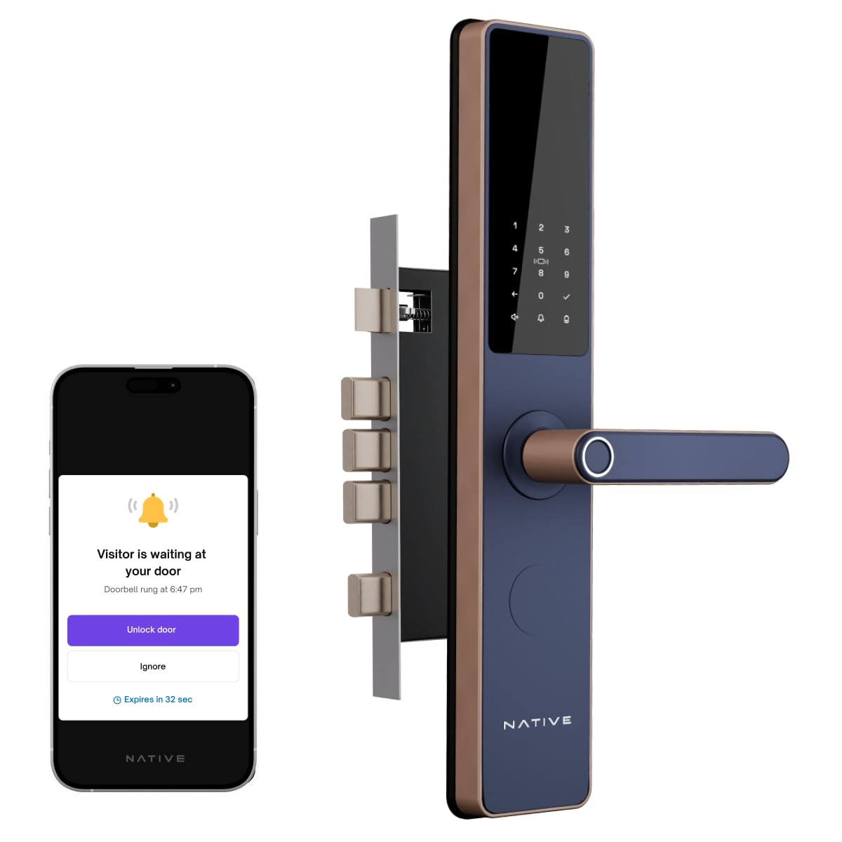 Native by UC Urban Company Native Lock|6-Way Unlock|5 Ultra-Strong Bolts|3-Year Warranty|UC App Integrated|Smart Door Lock, Blue