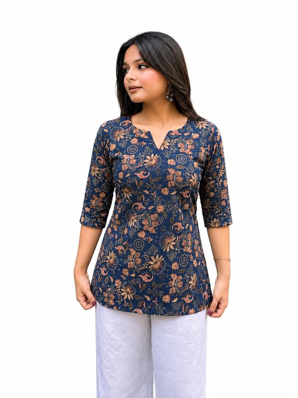 Pinkmint Women Printed Short Kurti | 3/4 Sleeve Casual Straight Kurta | Comfortable Ethnic Wear for Women (Pack of 1) Light Blue Deal