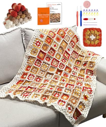 Kitcroet Crochet Kit, Complete Starter Kit for Beginners, Large Granny Squares Blanket with Video & Writtern Instructions, Easy to Learn Crochet Kit