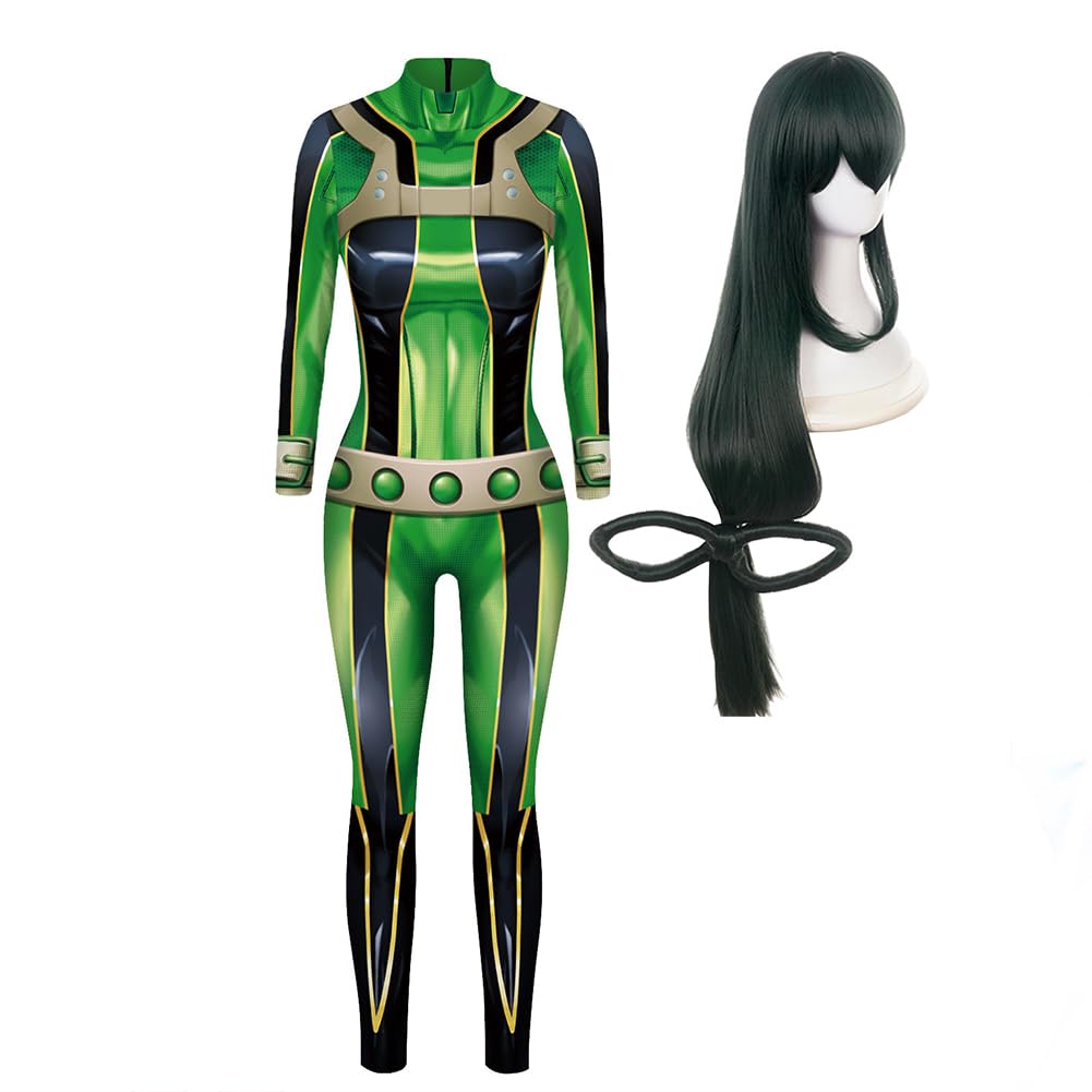 Zhongkaihua MHA Asui Tsuyu Cosplay Suit Roel Play Green Bodysuit Asui Tsuyu Costume Set with Wig Halloween Carnival Party for Costume Adults