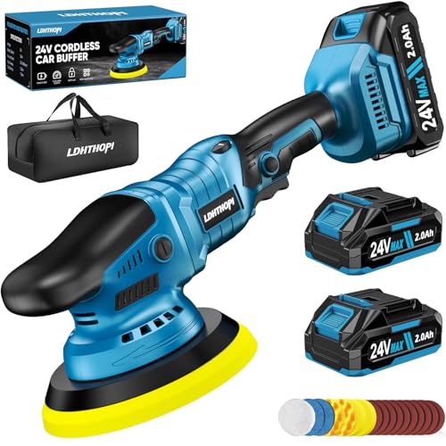 LDHTHOPI Cordless Buffer Polisher with 2×2000mAh Battery, 10000RPM 1600W High Power Car Polishing Kit with 6 Variable Speed, 23PCS Polishing Accessories for Car Polishing Waxing Detailing
