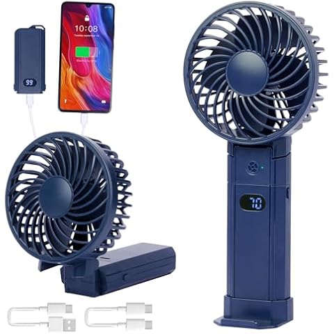SIX FOXES Portable Handheld Fan, 3 in 1 Portable Fan Rechargeable, Display Electricity in Real Time, 4000mAh, 3 Speed Wind, with Base, USB fan for Travel/Summer/Concerts/Lash(Navy blue) Cover