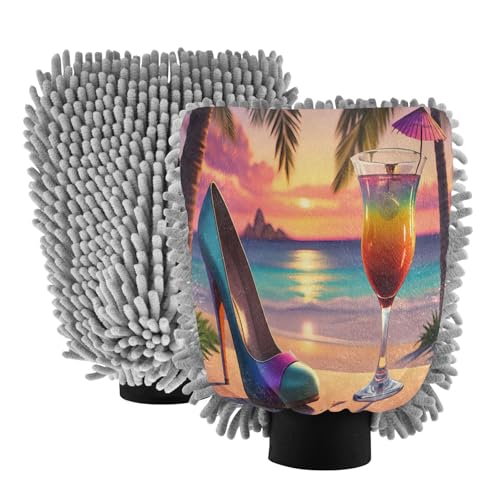STAYTOP Sunset Cocktail Car Wash Mitt Microfiber, 2Pcs Scratch Free Lint-Free, Premium Chenille Microfiber Mitt Car Wash Brush-L