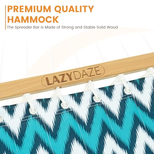 Image of Lazy Daze Hammocks 12 FT Quilted Fabric Double Hammock with Spreader Bars and Detachable Pillow, 2 Person Hammock for Outdoor Patio Backyard Poolside, 450 LBS Weight Capacity, White & Blue Chevron