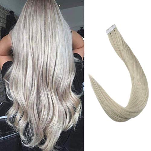 Full Shine Silky Soomth PU Tape In Hair Extensions Solid Color 1000 Icy White Blonde 22 Inch Skin Weft Glue In Straight Hair Extensions 50 Grams Double Sided Tape In Human Hair Extensions 20 Pcs