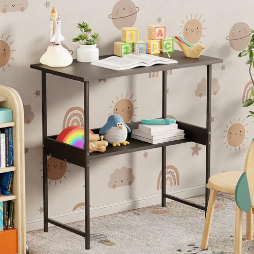 Image of Lukzer Study Desk with Open Storage Shelf | MST-004S /Black & Black | Durable Metal & Wooden Study Table for Home & Office | Space-Saving Laptop /Computer Workstation for Students & WFH (75x40x75 cm)