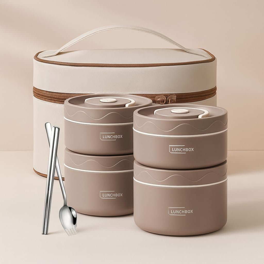YELONA 1940 ML Stainless Steel 2 Layer Bento Lunch/Tiffin Box with Bag, Thermal Portable Foam Insulated Food Container Set,Stackable Reusable for Student, Office, College, Picnic - (Brown)