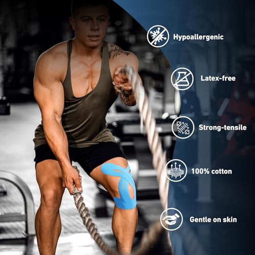 Image of PreCut Kinesiology Tape for Knees, KTQUICK 12 PCS 20% Extra Adhesive Knee Tape for Knee Pain Relief Pre Cut, Anatomical for Maximum Hold, Waterproof&Hypoallergenic Cotton Latex-Free for Sports (Blue)