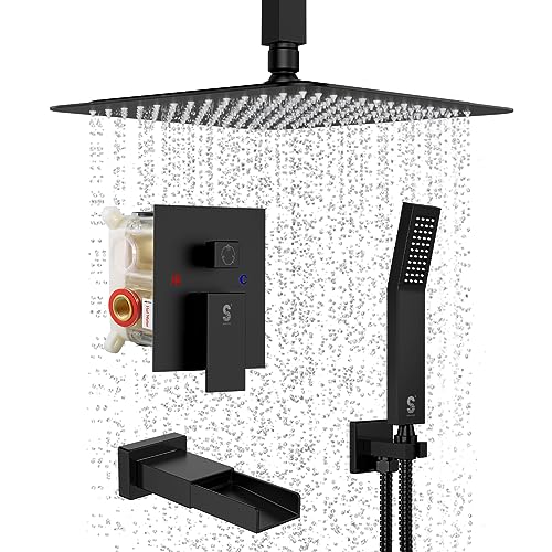 Image of SR SUN RISE 12 Inches Shower System with Tub Spout Modern Tub and Shower Faucet Combo 1.8GPM All Metal Square Rainfall Shower Head and Handheld Shower Fixture Include Valve and Trim Kit, Matte Black