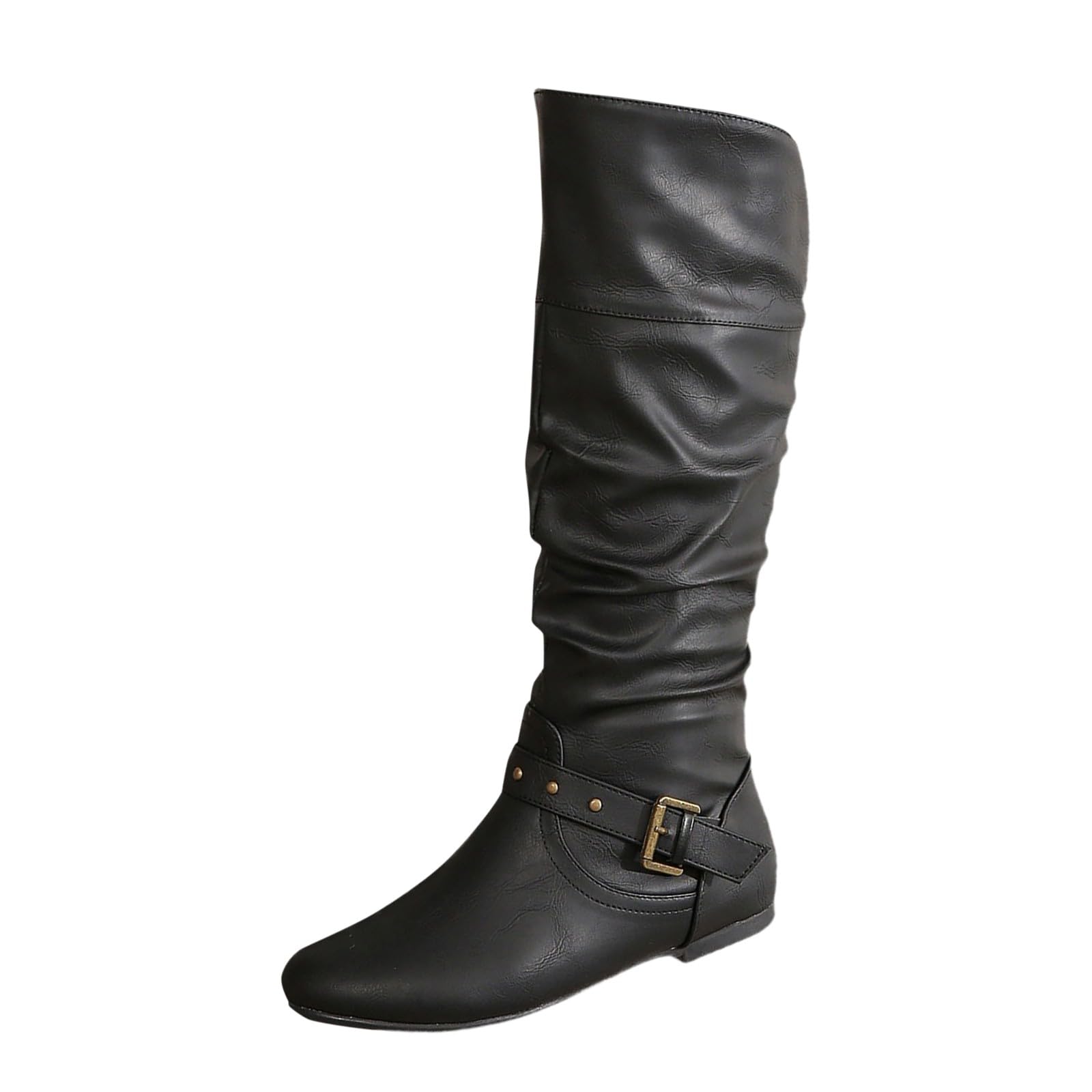 Botas de Invierno Mujer Botas hasta la Rodilla de Cuero Color sólido para Mujer, Moda con Hebilla cinturón y Manga Redonda Negra versátil