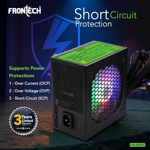 Image of Frontech Ultima 650W Power Supply with 120mm RGB Fan, ATX 12V, DC-DC PFC, 4 SATA, 2 Molex, PCI-E (6+2), Sleeved Cables, OCP /OVP /SCP Protections & 3-Year Warranty (PS-0015P)