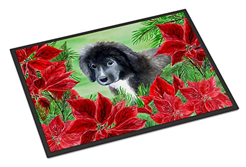 Caroline's Treasures CK1347JMAT Newfoundland Puppy Poinsettas Doormat 24x36 Front Door Mat Indoor Outdoor Rugs for Entryway, Non Slip Washable Low Pile, 24H X 36W