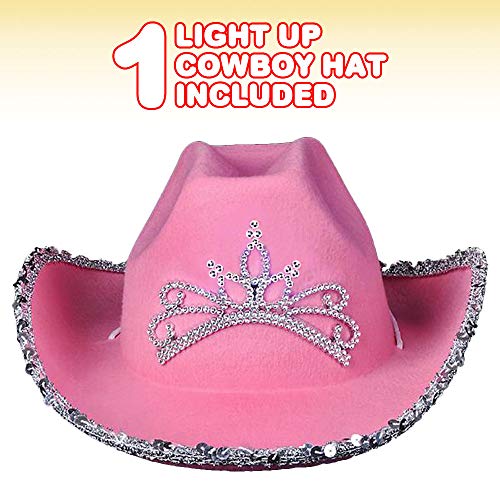 ArtCreativity Light-Up Pink Cowboy Hat - Sparkly Costume Hat with Sequins, LED Tiara, and Multi-Color Light Show - Perfect for Girls' Birthday Parties and Cowgirl Themed Events - Small/Medium, Pink2