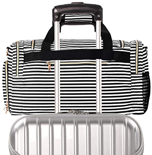 Weekender Overnight Duffel Bag Shoe Pocket For Women Men Weekend Travel Tote Carry On Bag (Stripe Black- 0.6Cm) #TOP2