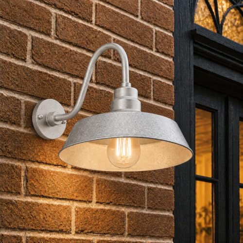 Image of 14in. Galvanized Finish Outdoor Gooseneck Barn Light Fixture with 14.5 in. Long Extension Arm - Wall Sconce Farmhouse, Vintage, Antique Style - UL Listed - 9W 900lm A19 LED Bulb (5000K Cool White)
