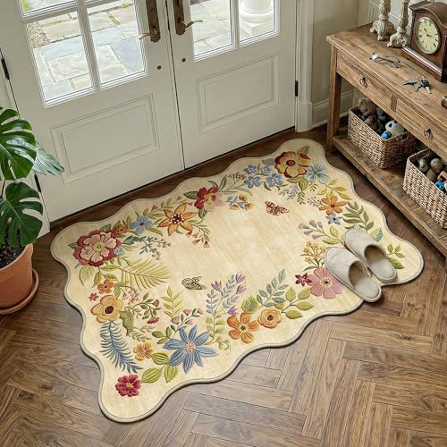 Tapete decorativo beige floral 2x3 ft lavable antideslizante miniatura 3