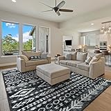 Lahome Boho Moroccan Area Rugs 9x12 Living Room, Ultra-Thin Soft Black White Rug for Bedroom Playroom Stain Resistant, Washable Rustic Tribal Print Indoor Large Carpet for Dining Room Office