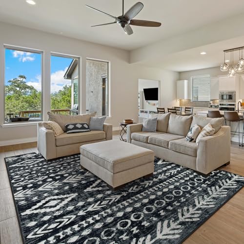 Lahome Boho Moroccan Area Rugs 9x12 Living Room, Ultra-Thin Soft Black White Rug for Bedroom Playroom Stain Resistant, Washable Rustic Tribal Print Indoor Large Carpet for Dining Room Office
