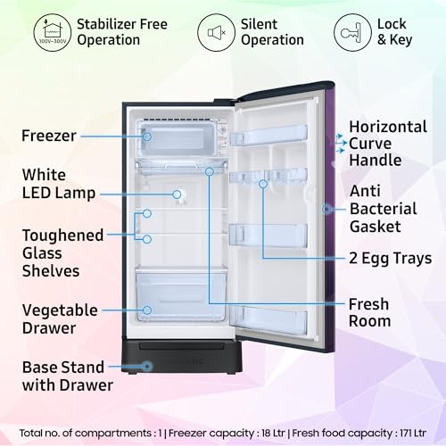 Image of Samsung 189 L, 5 Star, Digital Inverter, Direct-Cool Single Door Refrigerator (RR21H2H25WB /HL, Wild Lily Blue, Base Stand Drawer, Single Touch Defrost, 2026 Model)
