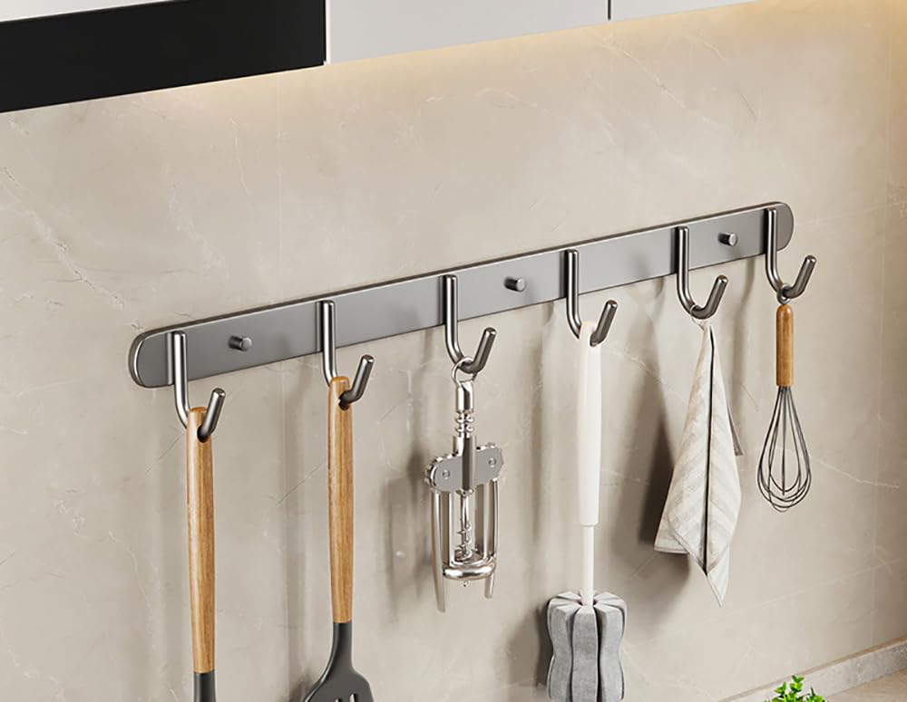 Xyagyund Grey Hanging Pot Rack, Kitchen Utensils Holder 2 Pieces Utensil Rack Stainless Steel Wall Mounted Hooks With Removable Utensils Holder(,44Cm)