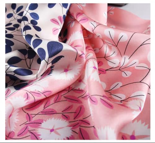 ANDANTINO 100% Mulberry Silk Long Scarf for Women Large Shawls for Headscarf and Neck- Oblong Hair Wraps with Gift Packed(Pink Blue-Leaves)4