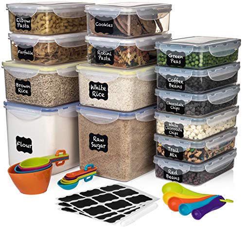 28 Pc [Set of 14] Airtight Food Storage Containers- Plastic BPA Free Kitchen Pantry Storage Containers for Sugar, Flour & Baking Supplies - Dishwasher Safe + 14 Measuring cups & Spoons + Labels + Pen