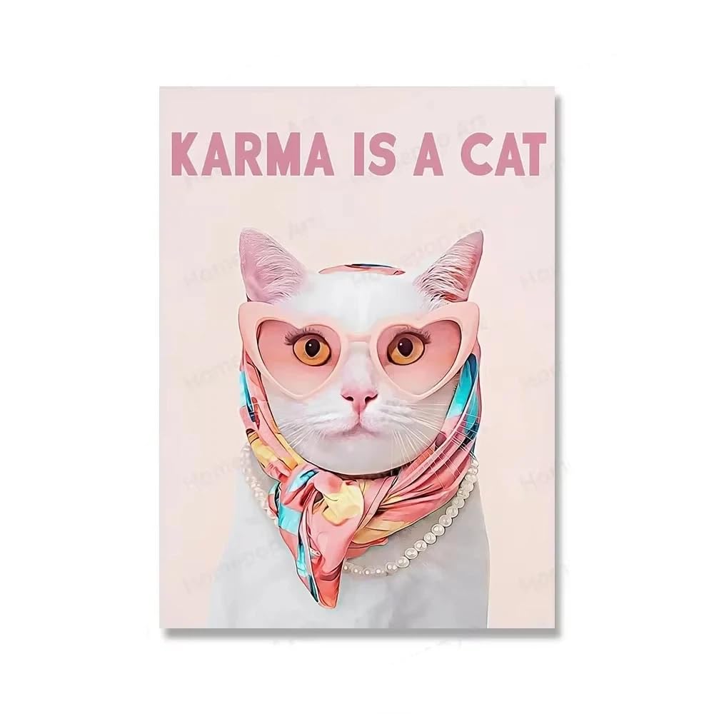 AEFOUU Canvas Painting Print Pink Trendy Cat With Fashion Luxury Posters and Prints Wall Art Canvas Pictures for Living Room Decor(70x90cm/28x36in/Internal Frame)