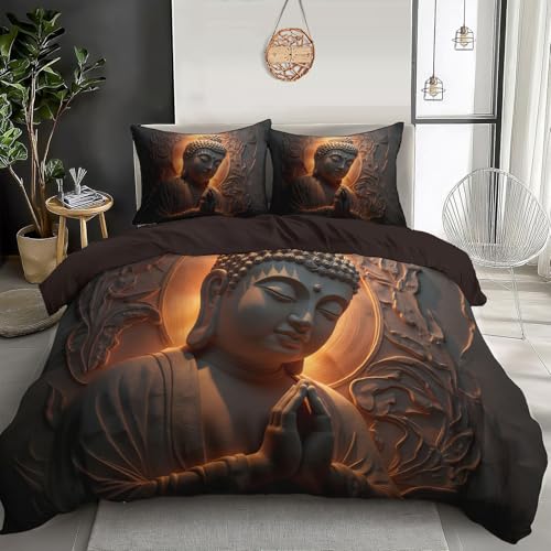 Housse de Couette 140x200cm avec 1 Taies d'oreiller 65x65 cm Parure de lit Sculpture Statue Bouddha Parure de Linge Éclairage Relief 3D Réversible pour 1...