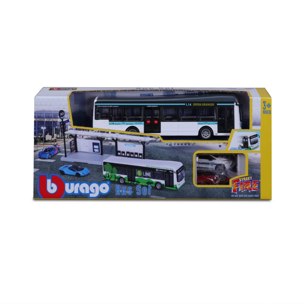 BBURAGO 1/64 TRASPORTI PUBBLICS - Playset City Bus + Station + 2 veicoli, blu o verde