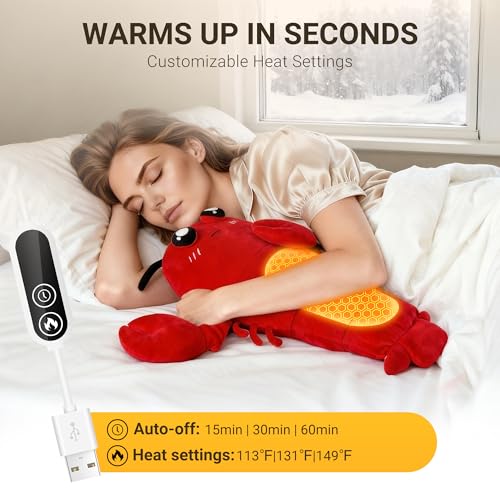 Image of Lobster Heating Pad Plush, USB Powered Electric Heated Stuffed Animal, Cute Lobster Plush with 3 Heat Levels & Timer, Soft Warm Ocean Animal Cushion Gift for Women Teen Girls