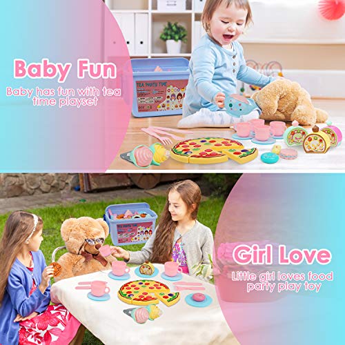 BGdoyz Kids Tea Set Princess Tea Time Toy, 74 Pieces Pretend Play Food Set Tea Party Playset Accessories, Including Plastic Teapots Teacups Cookies Cakes Donuts for Toddlers,Boys Girls