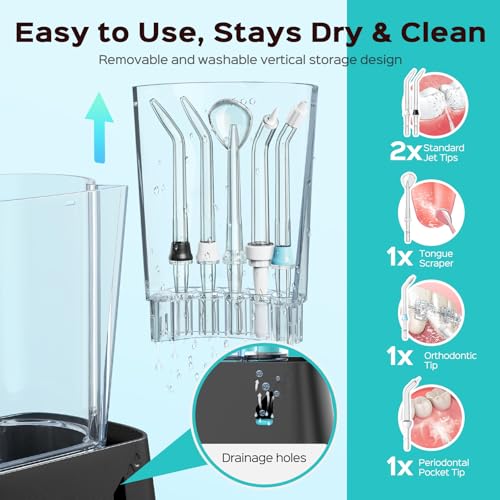 Image of COSLUS E2 Advanced Water Dental Flosser Teeth, 2 Modes 12 Pressure Settings | Electric Pick for Orthodontic, Braces, Sensitive Gums - Home Use, 5 Jet Tips for Multiple Family Users, Black, Standard Set
