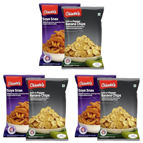 Image of Chheda's Salt N Pepper Banana Chips (350 Gm) and SOYA Snax (300 Gm) | Banana Wafers | Indian Namkeen | Tasty Snacks | Ready to Eat - Combo Pack (Pack of 3)