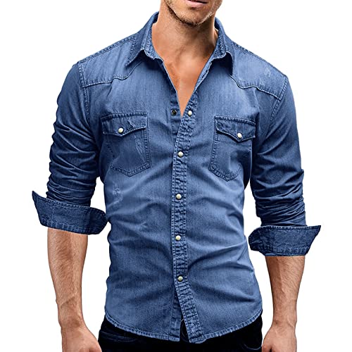 Rodawu Camisa vaquera de algodón elástico para hombre, camisas vaqueras, camisas casuales con botones, camisa vaquera, chaqueta de ajuste muscular, azul celeste, 3XL