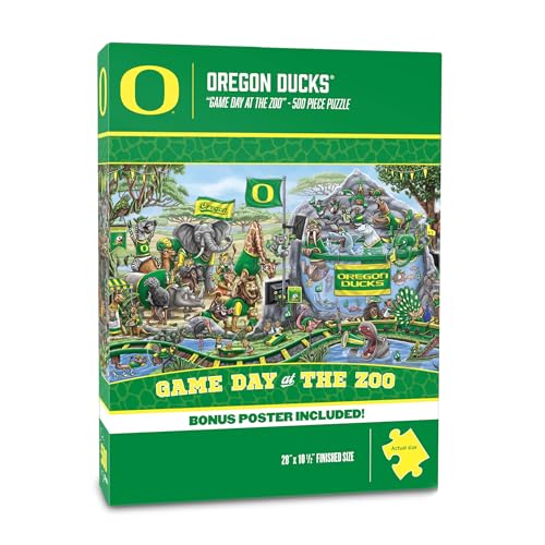 Image of YouTheFan NCAA Oregon Ducks inchGame Day At The Zoo inch 500 Puzzle | 500 Pieces, 10.5 inch X 28 inch Size, Original Hand Drawn Artwork, Funny Zoo Scene, Officially Licensed, Team Specific