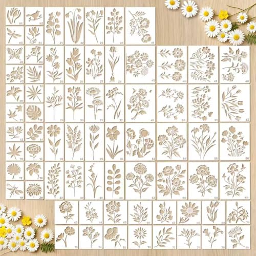 80Pcs Flower Stencils for Painting Reusable Paint Stencil Set & Garden Stencil Small Painting Stencils for Crafts Wall Decor Drawing Scrapbooking (5.91x2.59in 6x4.7in 4x4in 2x2in)