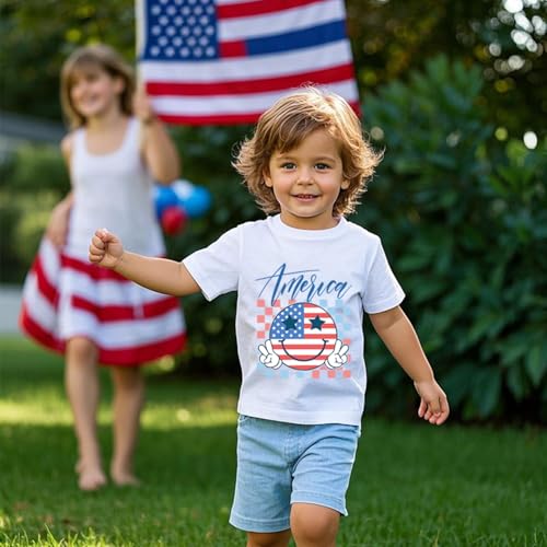 Image of Toddler Boys Girls 4th of July Short Sleeve Shirt - Kids Patriotic American Flag Memorial Day USA Tops 2-7T