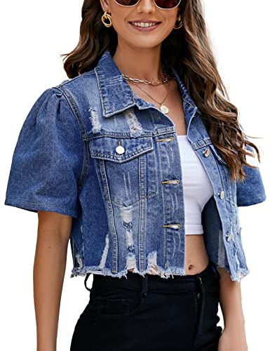 PAODIKUAI Women's Casual Puff Sleeve Frayed Slim Cropped Denim Jean Jacket