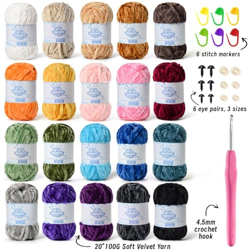Image of 20 Pack 984 (yd) Chunky Chenille Yarn for Crocheting and Hand Knitting with Black Red White Green Yellow Rainbow Plush Velvet Yarn，Baby Blanket Yarn for Crocheting Soft Amigurumi Yarn C